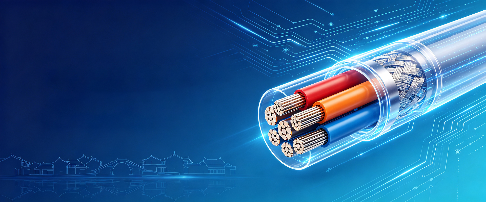 編組シールドと複数の色分けされた導体を備えたシールド高電圧ワイヤーハーネスのカットアウェイ図
