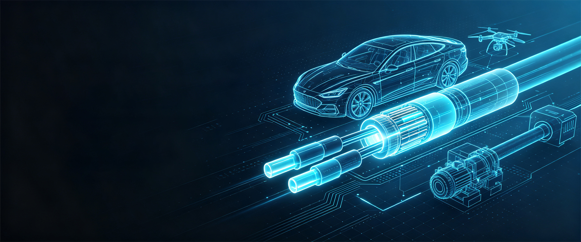 Wireframe illustration of a new-energy vehicle, motor and connector assembly, and drone linked by engineered harness paths